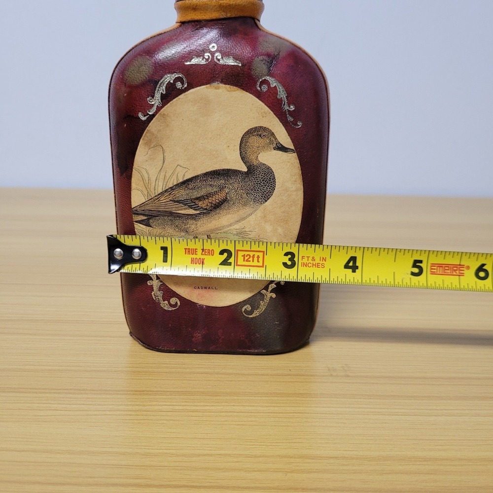 Leather Wrapped Glass Bottle Italian Italy Duck Gadwall Vintage Tooled Handmade - Picture 4 of 9